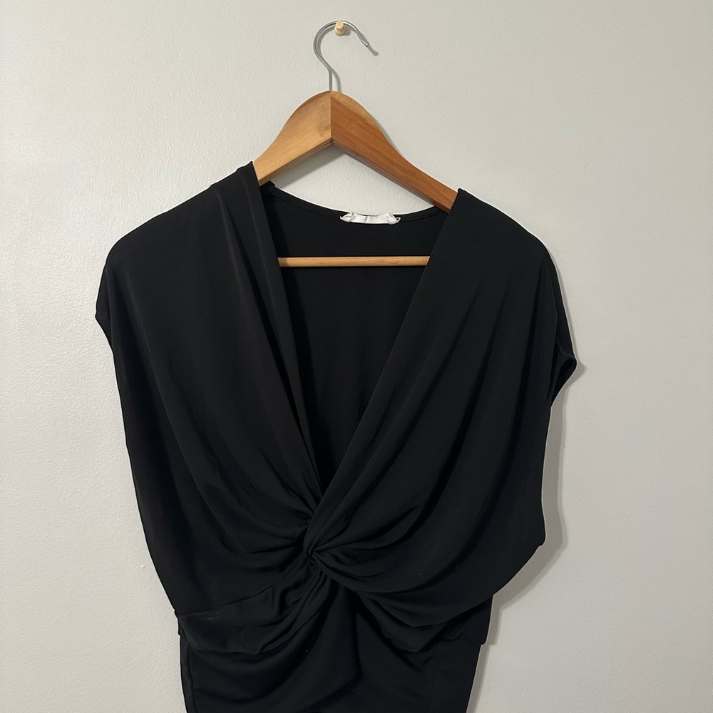 Mango Black Low V Neck Draped Blouse